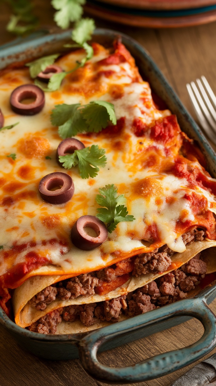 A hearty Beef Enchilada Casserole with layers of beef, cheese, and tortillas, garnished with olives and cilantro.